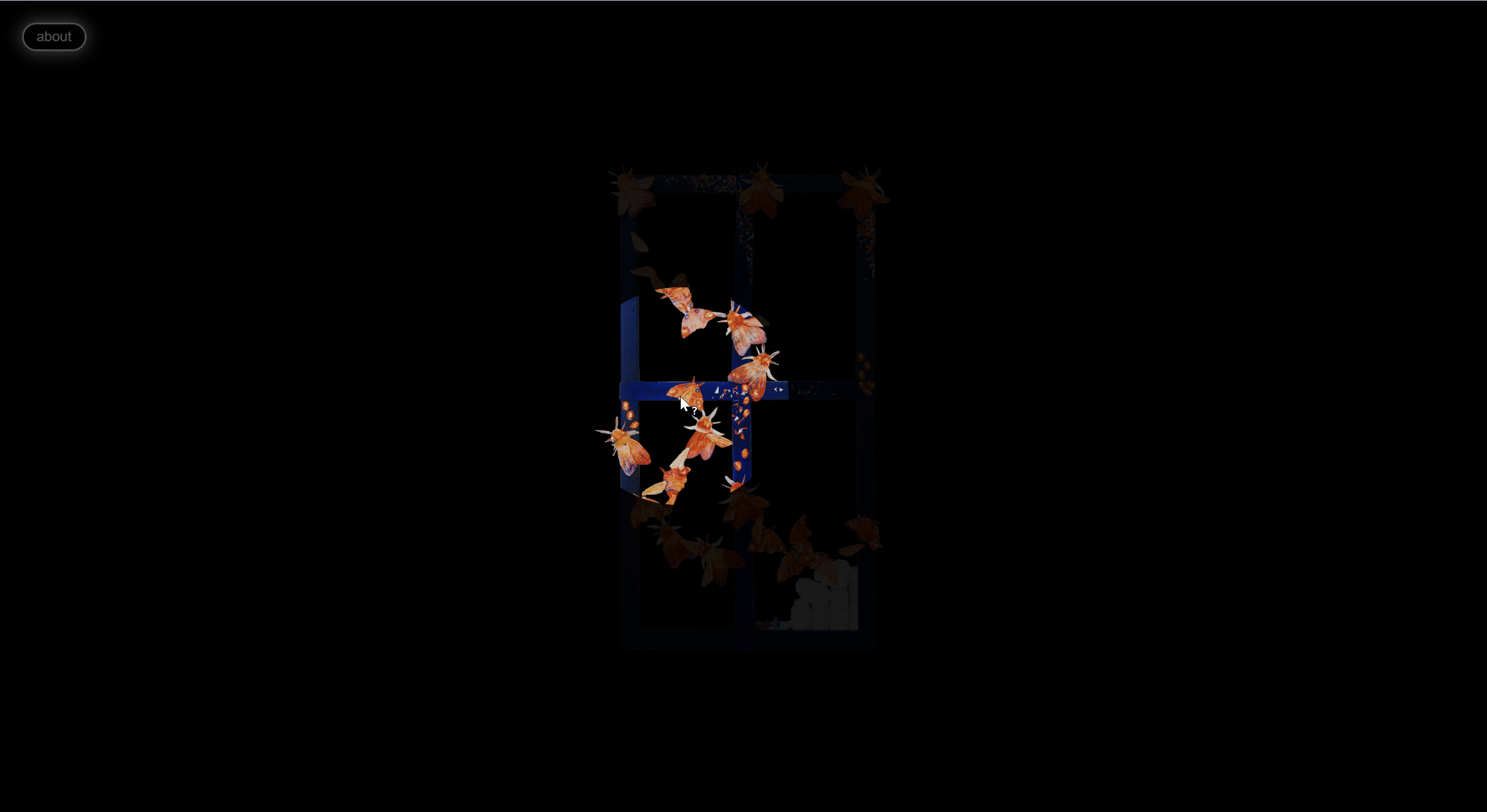 Preview image for the Digital House online exhibition. A spotlight shines on a blue and orange windowframe in front of a black backdrop.