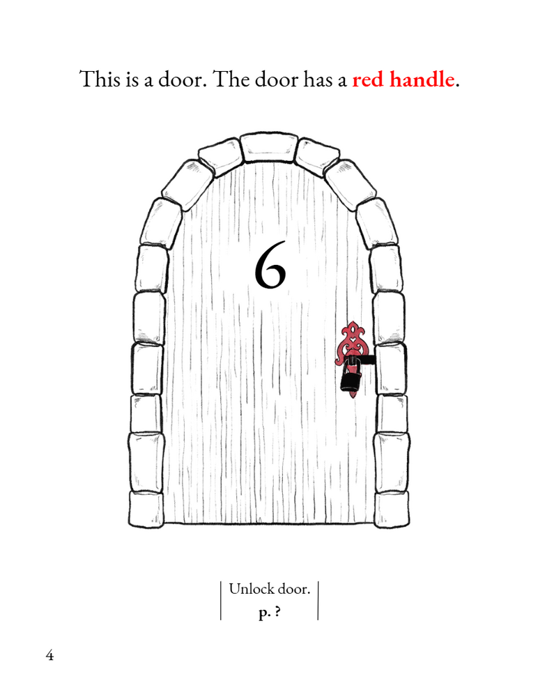 A page from the project. A door stands in the middle of the white paper. It has a red handle and the number 6. The book prompts you to try and open it.